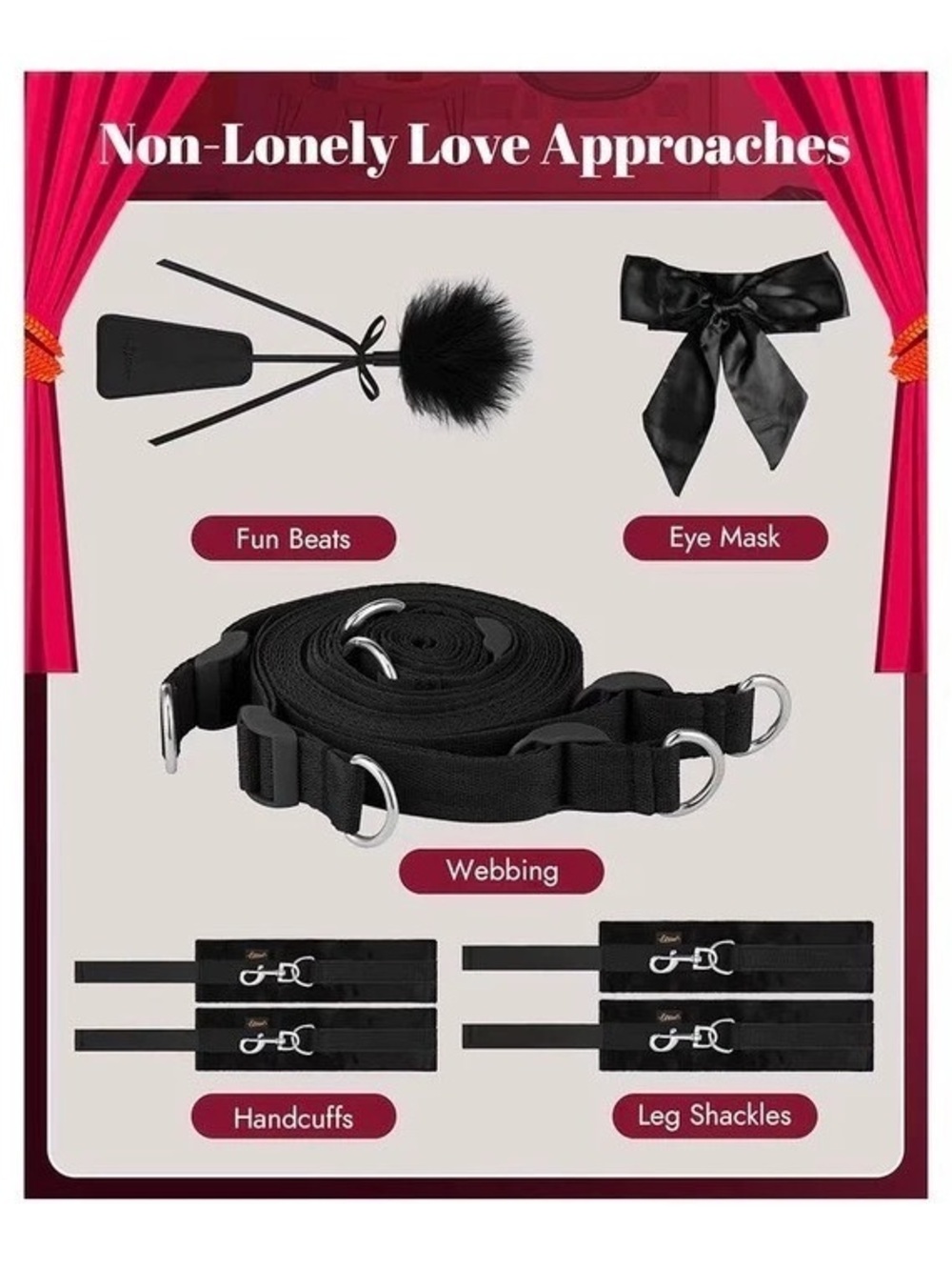 Bed Strap Set with Soft Cuffs, Blindfold & Feather Tickler
